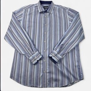 Bugatchi Men’s Long Sleeve Dress Shirt Blue Striped 100% Cotton Size XXL